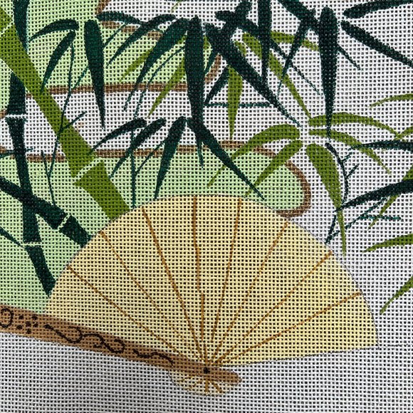 Hand Painted Vintage Needlepoint Canvas Asian Fan with Bamboo - Picture 4 of 5